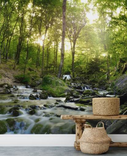 papel pintado de cascada verde llamado Forest Waterfall en Wallsauce para dormitorios, baños y oficinas