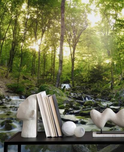 papel pintado de cascada verde llamado Forest Waterfall en Wallsauce para dormitorios, baños y oficinas papel pintado de cascada verde llamado Forest Waterfall en Wallsauce para dormitorios, baños y oficinas