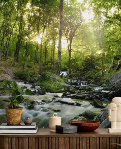 green waterfall wallpaper called Forest Waterfall at Wallsauce for bedrooms, bathrooms and offices