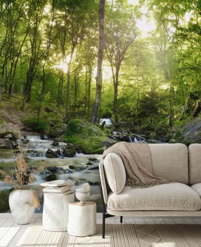 green waterfall wallpaper called Forest Waterfall at Wallsauce for bedrooms, bathrooms and offices