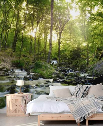 green waterfall wallpaper called Forest Waterfall at Wallsauce for bedrooms, bathrooms and offices
