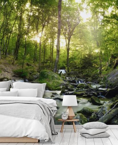 green waterfall wallpaper called Forest Waterfall at Wallsauce for bedrooms, bathrooms and offices