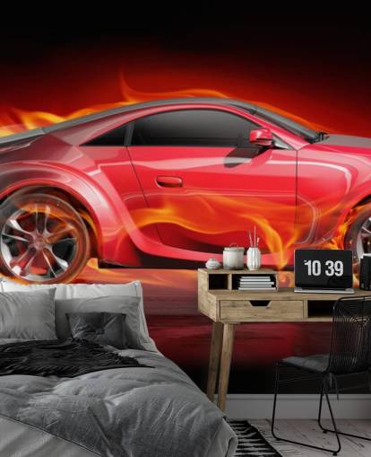 Burning Wheels rode auto behang muurschildering