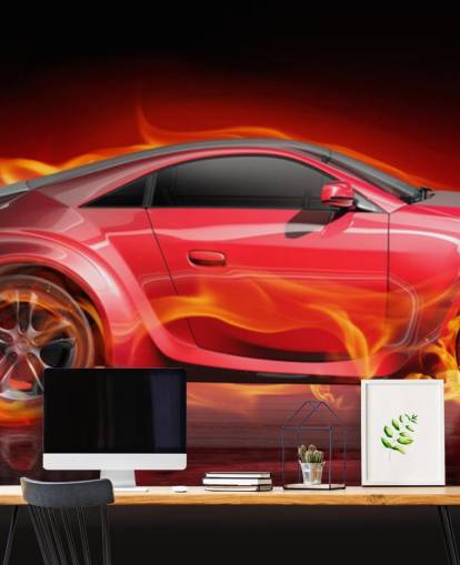 Burning Wheels rode auto behang muurschildering