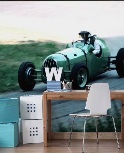 Groene vintage raceauto behang muurschildering