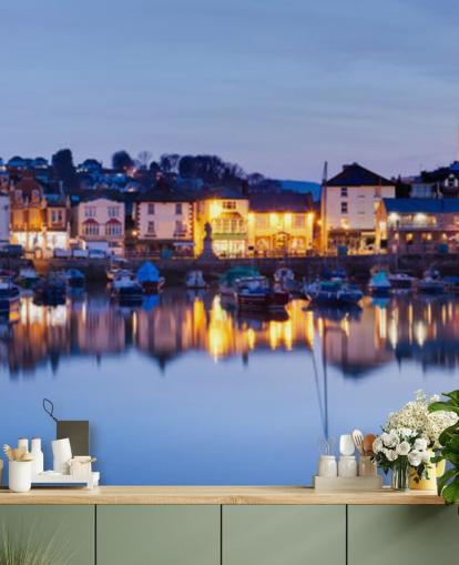 Panoramic opplyst havn om natten Bakgrunn