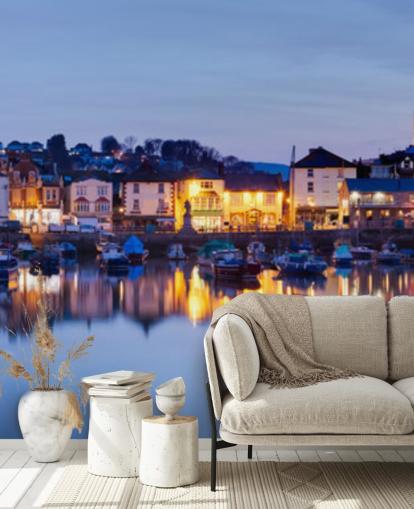 Panoramisk upplyst hamn på natten Bakgrund