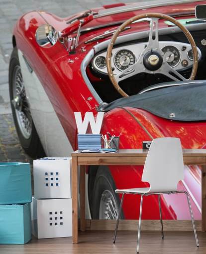 Close-up van rode vintage auto behang muurschildering