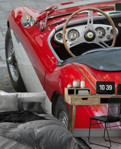 Close-up van rode vintage auto behang muurschildering