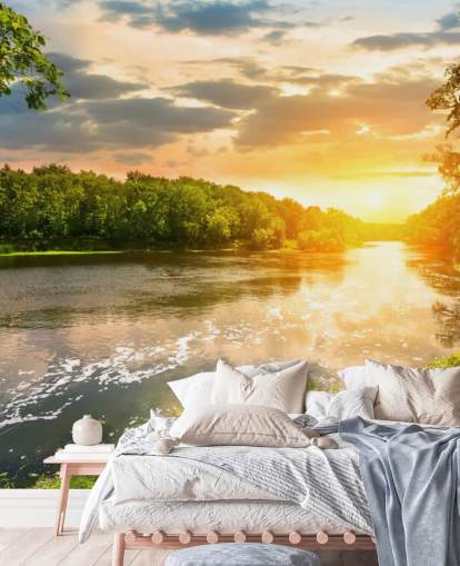 blue and green customisable sunset river in countryside wallpaper mural called River Sunset for dining rooms and offices