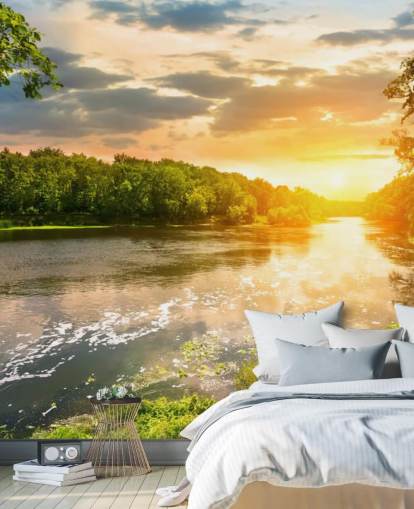 blå och grön anpassningsbar solnedgångsflod på landsbygden tapetväggmålning som heter River Sunset för matsalar och kontor