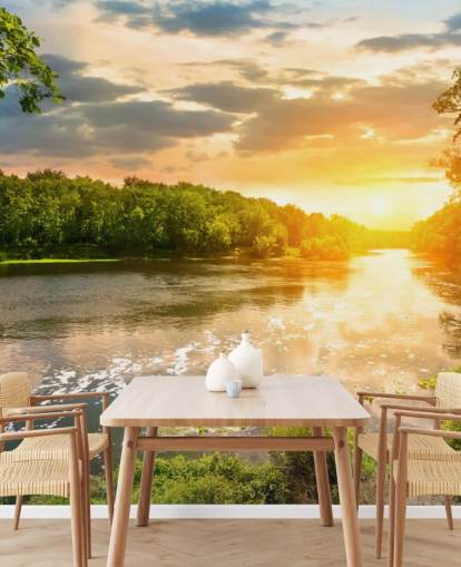 sininen ja vihreä muokattava auringonlaskujoki maaseudun taustakuvamaalauksessa nimeltä River Sunset ruokasaleihin ja toimistoihin