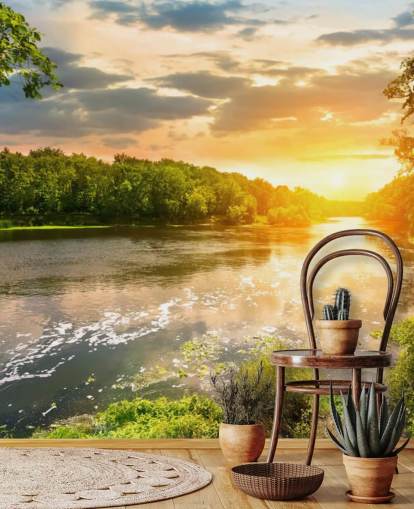 blå og grøn tilpasselig solnedgangsflod i landskabet tapetmaleri kaldet River Sunset til spisestuer og kontorer blå og grøn tilpasselig solnedgangsflod i landskabet tapetmaleri kaldet River Sunset til spisestuer og kontorer