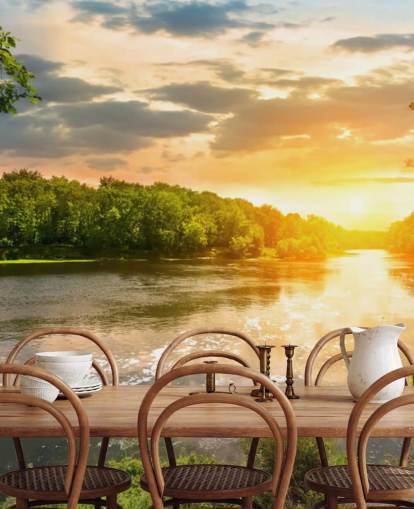 sininen ja vihreä muokattava auringonlaskujoki maaseudun taustakuvamaalauksessa nimeltä River Sunset ruokasaleihin ja toimistoihin