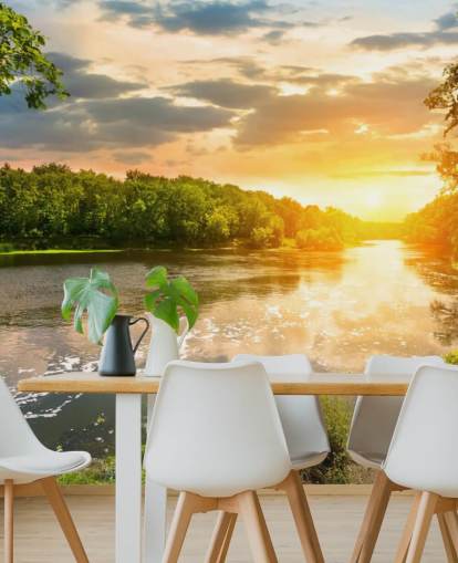 blå och grön anpassningsbar solnedgångsflod på landsbygden tapetväggmålning som heter River Sunset för matsalar och kontor