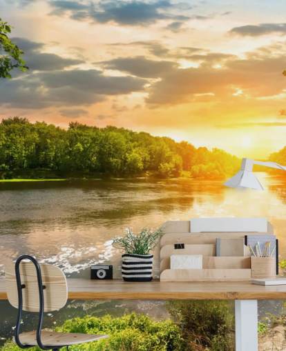 blå och grön anpassningsbar solnedgångsflod på landsbygden tapetväggmålning som heter River Sunset för matsalar och kontor