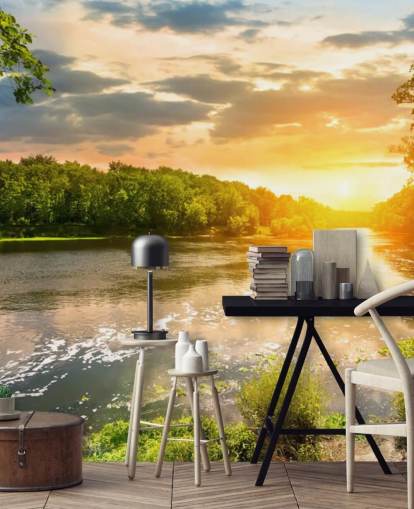 Wandtapete „River Sunset“ in Blau und Grün, individuell gestaltbar, Fluss auf dem Land, für Esszimmer und Büros