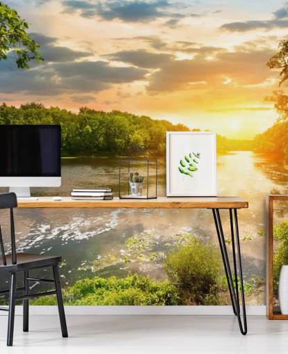 blå og grønn tilpassbar solnedgangselv på landsbygda tapetmaleri kalt River Sunset for spisestuer og kontorer