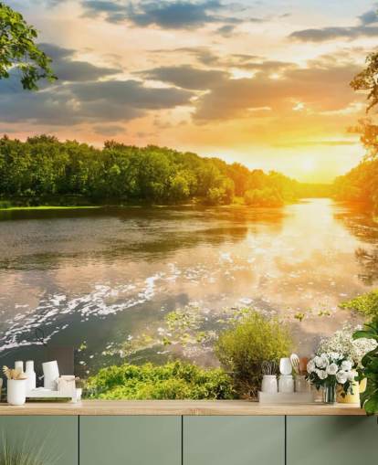 blauwe en groene aanpasbare zonsondergang, rivier op het platteland, muurschildering genaamd River Sunset voor eetkamers en kantoren blauwe en groene aanpasbare zonsondergang, rivier op het platteland, muurschildering genaamd River Sunset voor eetkamers en kantoren