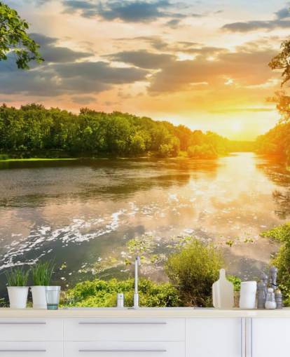 azul e verde, pôr do sol personalizável, rio no campo, mural de papel de parede chamado River Sunset para salas de jantar e escritórios