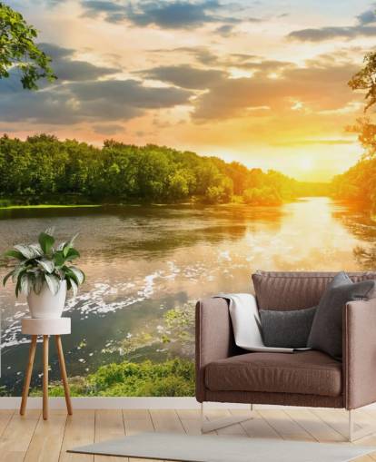 blue and green customisable sunset river in countryside wallpaper mural called River Sunset for dining rooms and offices blue and green customisable sunset river in countryside wallpaper mural called River Sunset for dining rooms and offices