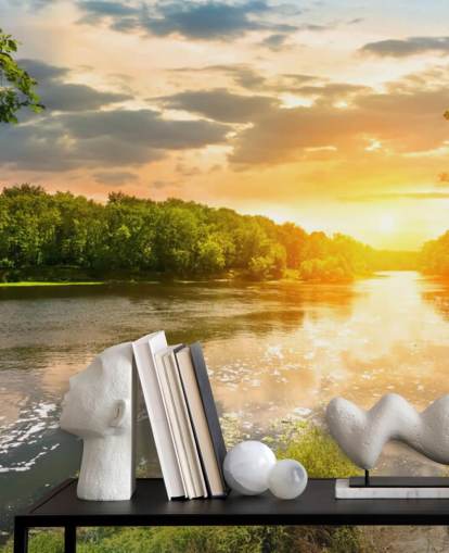 murale di carta da parati blu e verde personalizzabile con tramonto, fiume in campagna, chiamato River Sunset, per sale da pranzo e uffici murale di carta da parati blu e verde personalizzabile con tramonto, fiume in campagna, chiamato River Sunset, per sale da pranzo e uffici