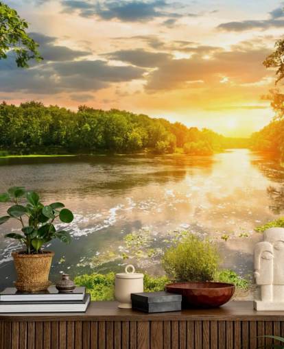 papier peint mural personnalisable bleu et vert au coucher du soleil sur la rivière à la campagne appelé River Sunset pour les salles à manger et les bureaux papier peint mural personnalisable bleu et vert au coucher du soleil sur la rivière à la campagne appelé River Sunset pour les salles à manger et les bureaux