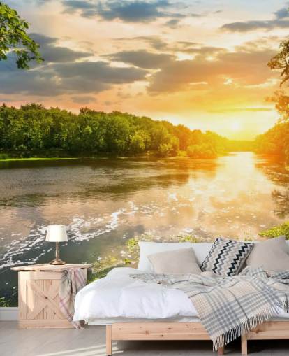 Wandtapete „River Sunset“ in Blau und Grün, individuell gestaltbar, Fluss auf dem Land, für Esszimmer und Büros