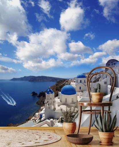 Papier peint photo Panorama de Santorin avec vue sur la mer