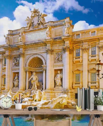 fontana di trevi dai toni dorati su una carta da parati giornata di sole