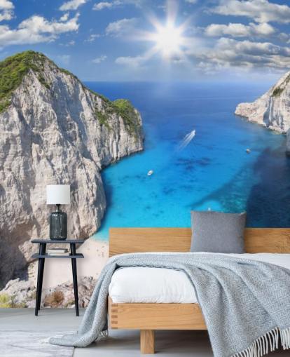 weiße und blaue griechische Strandtapete Navagio Beach, Zakynthos, für Heimbüros, Schlafzimmer und Küchen weiße und blaue griechische Strandtapete Navagio Beach, Zakynthos, für Heimbüros, Schlafzimmer und Küchen