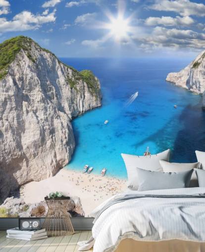 mural de papel pintado blanco y azul de playa de Grecia llamado Navagio Beach, Zakynthos, para oficinas en casa, dormitorios y cocinas