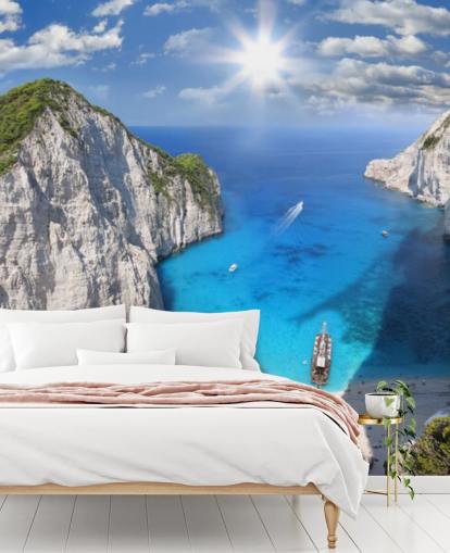 mural de papel de parede de praia da Grécia branco e azul chamado Navagio Beach, Zakynthos para escritórios domésticos, quartos e cozinhas
