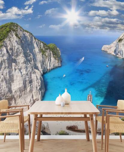 white and blue greece beach wallpaper mural called Navagio Beach, Zakynthos for home offices, bedrooms and kitchens