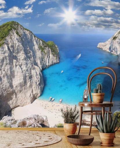 weiße und blaue griechische Strandtapete Navagio Beach, Zakynthos, für Heimbüros, Schlafzimmer und Küchen weiße und blaue griechische Strandtapete Navagio Beach, Zakynthos, für Heimbüros, Schlafzimmer und Küchen