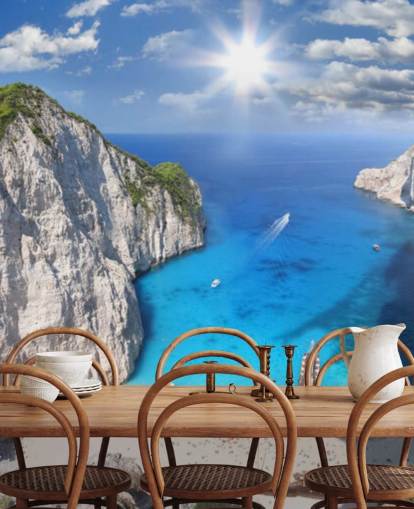 white and blue greece beach wallpaper mural called Navagio Beach, Zakynthos for home offices, bedrooms and kitchens