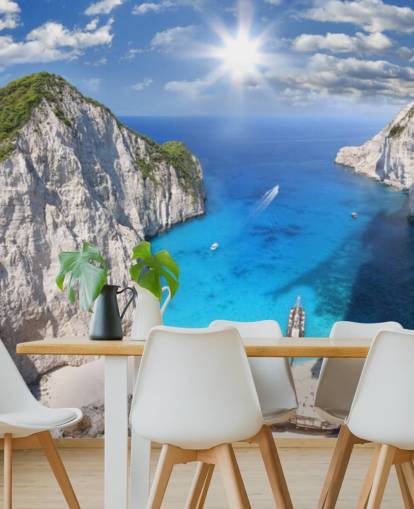 hvidt og blåt grækenland strandtapet vægmaleri kaldet Navagio Beach, Zakynthos til hjemmekontorer, soveværelser og køkkener