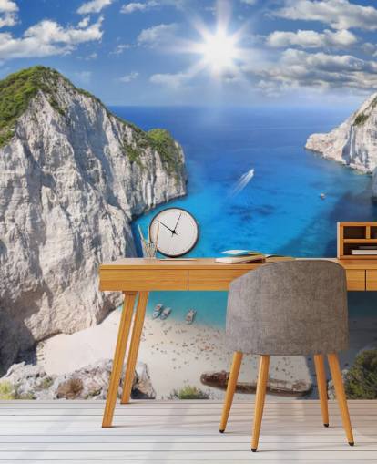 mural de papel pintado blanco y azul de playa de Grecia llamado Navagio Beach, Zakynthos, para oficinas en casa, dormitorios y cocinas