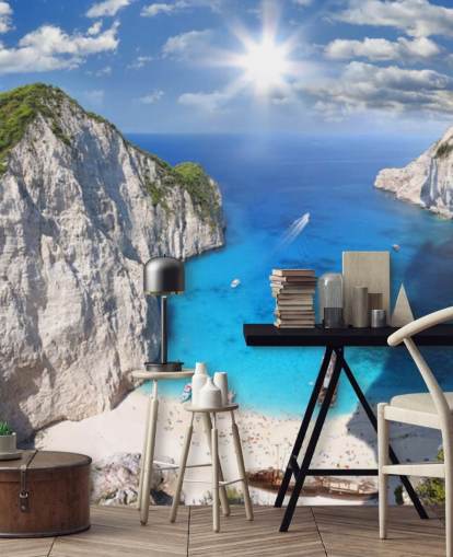 white and blue greece beach wallpaper mural called Navagio Beach, Zakynthos for home offices, bedrooms and kitchens white and blue greece beach wallpaper mural called Navagio Beach, Zakynthos for home offices, bedrooms and kitchens