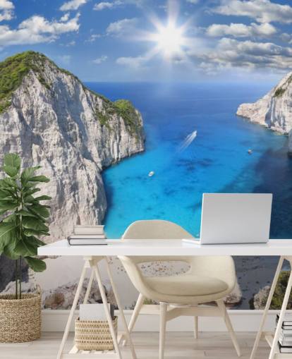 weiße und blaue griechische Strandtapete Navagio Beach, Zakynthos, für Heimbüros, Schlafzimmer und Küchen