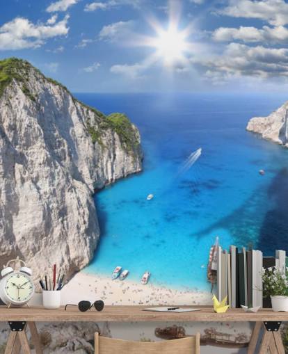 mural de papel pintado blanco y azul de playa de Grecia llamado Navagio Beach, Zakynthos, para oficinas en casa, dormitorios y cocinas