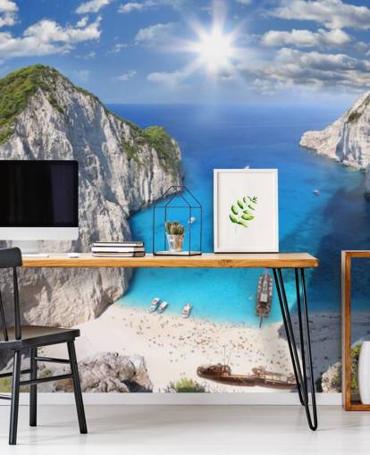 vit och blå Grekland strand tapet väggmålning som heter Navagio Beach, Zakynthos för hemmakontor, sovrum och kök vit och blå Grekland strand tapet väggmålning som heter Navagio Beach, Zakynthos för hemmakontor, sovrum och kök