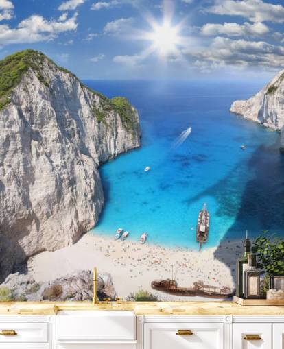 mural de papel pintado blanco y azul de playa de Grecia llamado Navagio Beach, Zakynthos, para oficinas en casa, dormitorios y cocinas