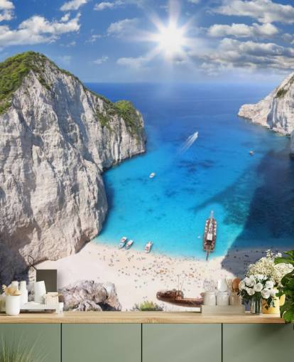 white and blue greece beach wallpaper mural called Navagio Beach, Zakynthos for home offices, bedrooms and kitchens