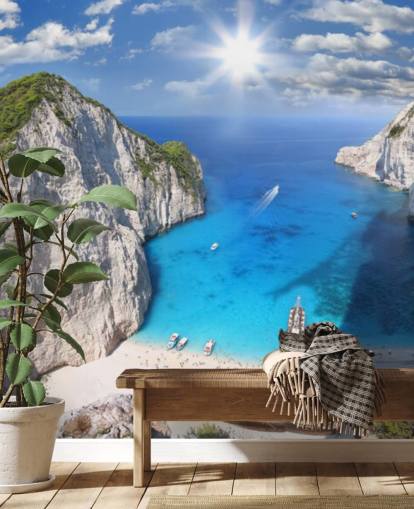mural de papel pintado blanco y azul de playa de Grecia llamado Navagio Beach, Zakynthos, para oficinas en casa, dormitorios y cocinas