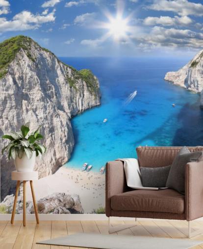 mural de papel de parede de praia da Grécia branco e azul chamado Navagio Beach, Zakynthos para escritórios domésticos, quartos e cozinhas
