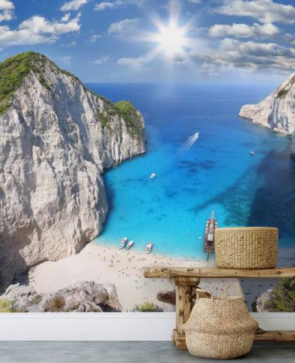 white and blue greece beach wallpaper mural called Navagio Beach, Zakynthos for home offices, bedrooms and kitchens