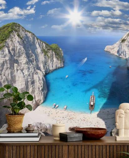 mural de papel de parede de praia da Grécia branco e azul chamado Navagio Beach, Zakynthos para escritórios domésticos, quartos e cozinhas