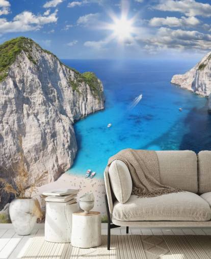 papier peint mural blanc et bleu de la plage de Grèce appelé Navagio Beach, Zakynthos pour les bureaux à domicile, les chambres et les cuisines