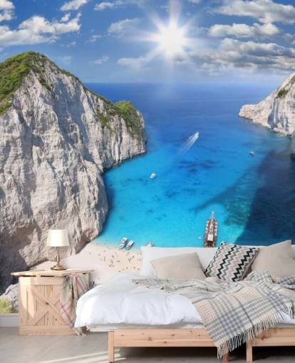white and blue greece beach wallpaper mural called Navagio Beach, Zakynthos for home offices, bedrooms and kitchens